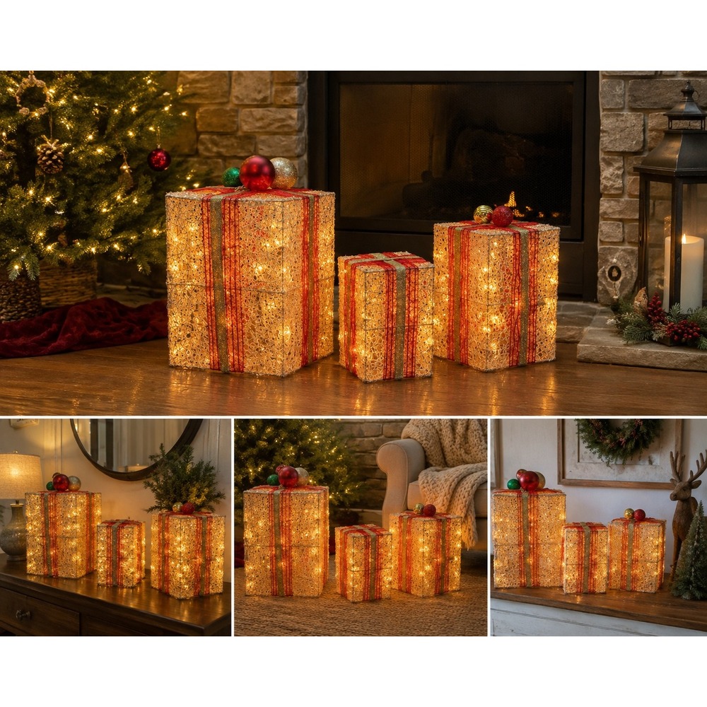 Lighted Christmas Present Boxes Set of 3 Glitter Mesh Gold Red Holiday Decor